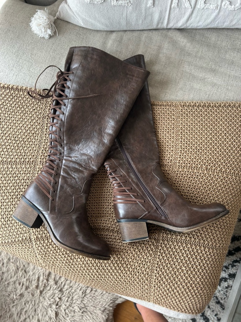 Brown Over-the-Knee Lace-Up Boots | Block Heel | Size 11 Wide
